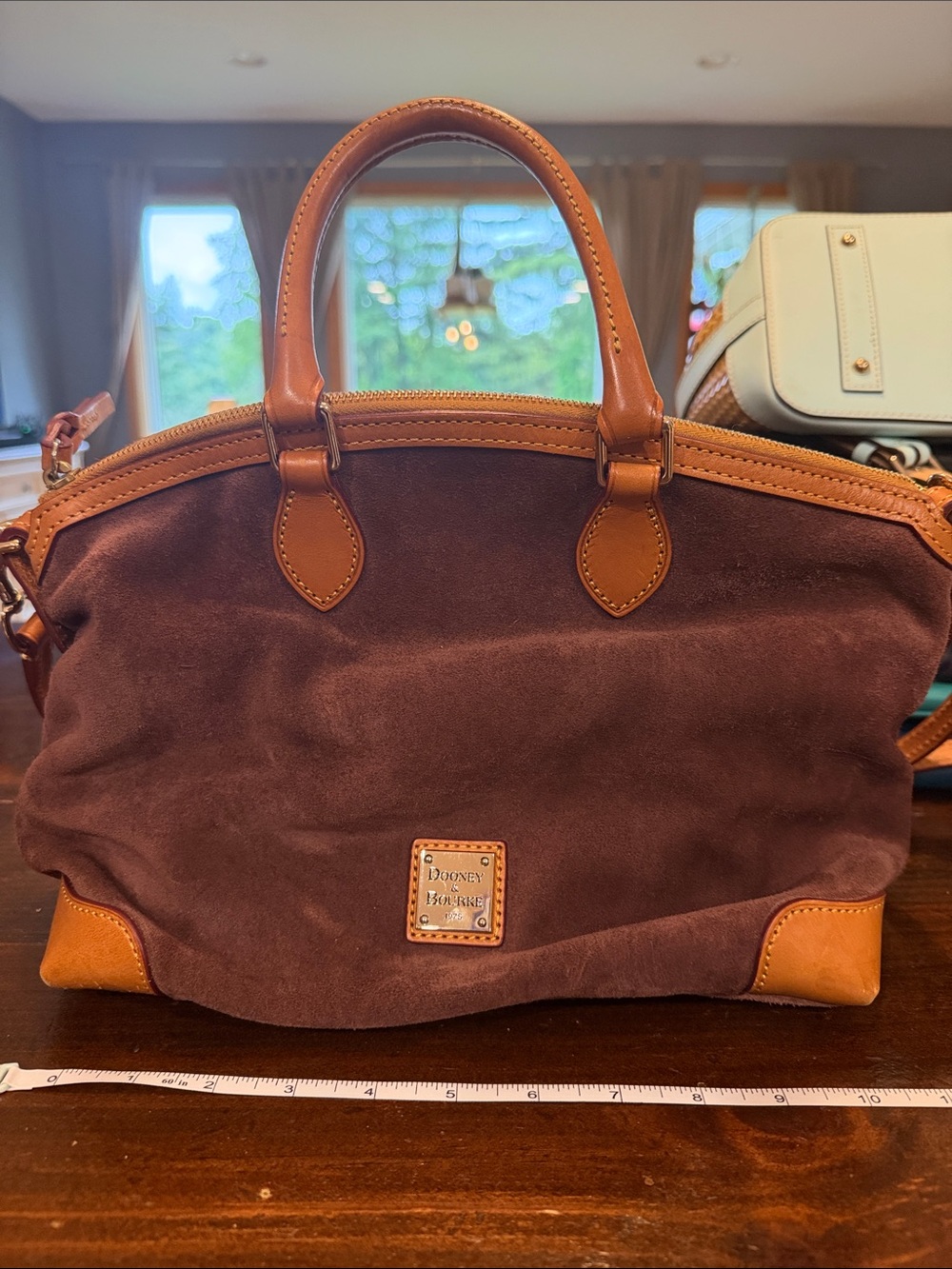 Dooney & Bourke Brown Suede Satchel with Tan Leather Trim